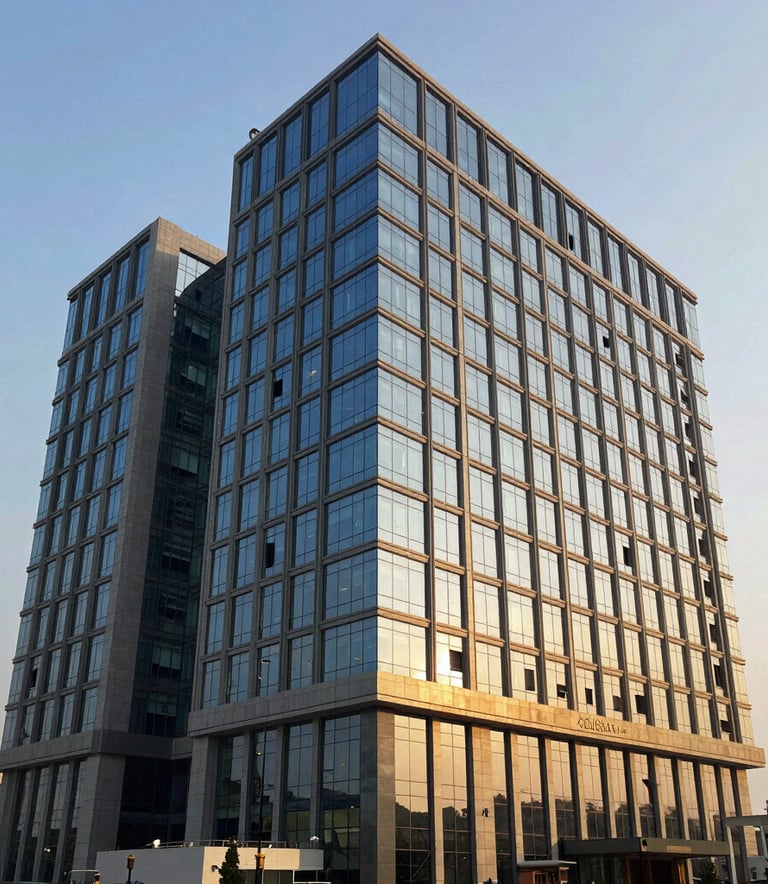 A high-impact photo of the AdiShakti Enterprises headquarters in Gujarat, featuring modern corporate architecture with slate blue glass panels and golden morning light. Global B2B / Indian Origin setting.