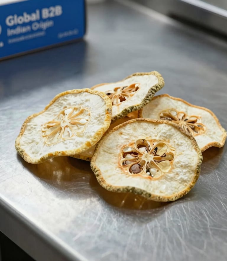 A professional macro shot of organic dehydrated fruit slices arranged on a clean, industrial stainless steel surface, featuring the Steel Blue and Off-white palette, reflecting FSSAI-compliant food processing standards, Global B2B / Indian Origin.