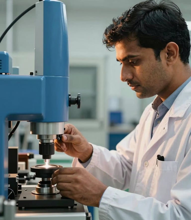 A close-up of a professional quality control specialist in a modern industrial setting, focusing on technical precision. The background features sleek slate blue machinery. Global B2B / Indian Origin professional environment with warm golden hour lighting.