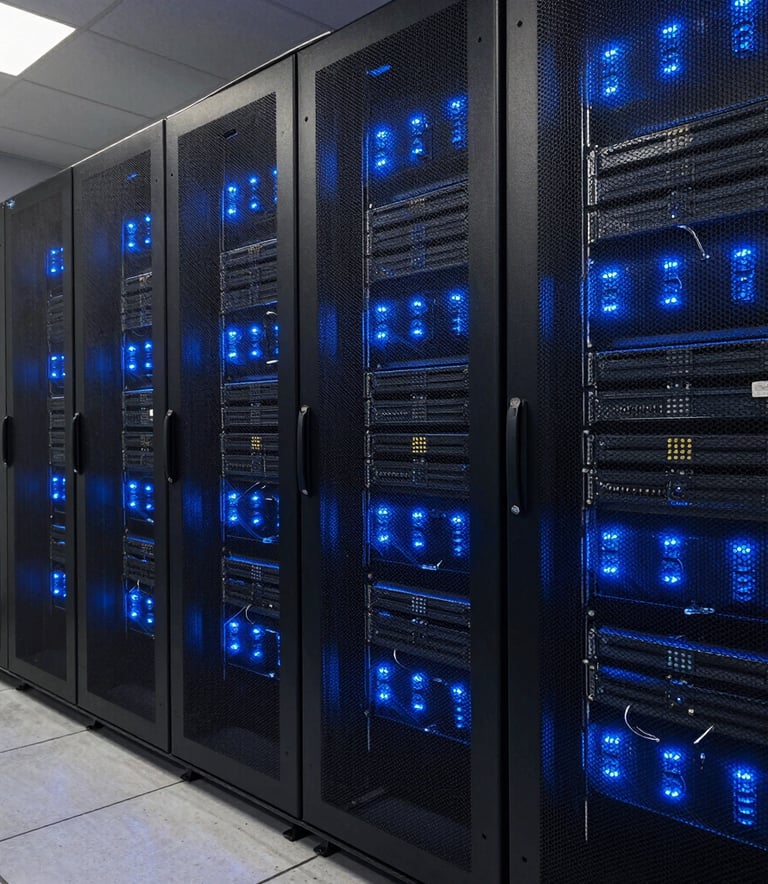 North American / US server room with glowing blue led lights, clean and highly professional setting, robust security concept, cool tones.