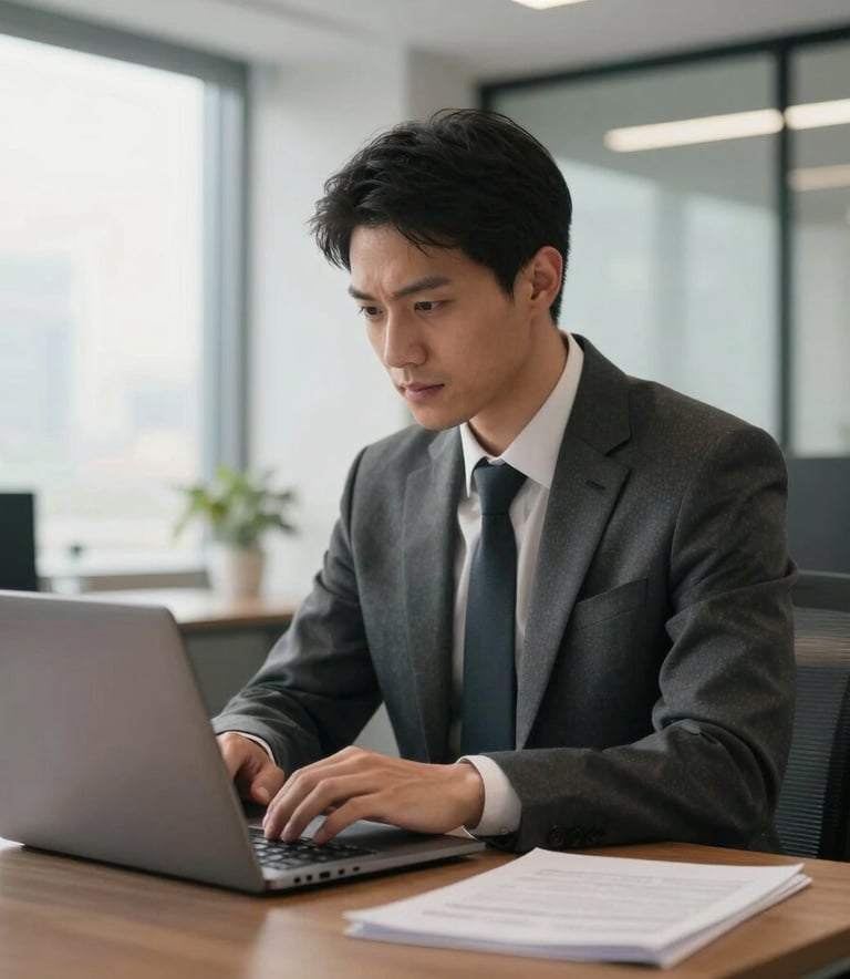 A professional in a business suit working on a high-end laptop in a modern US office, focused atmosphere, soft morning light, sophisticated and secure setting.