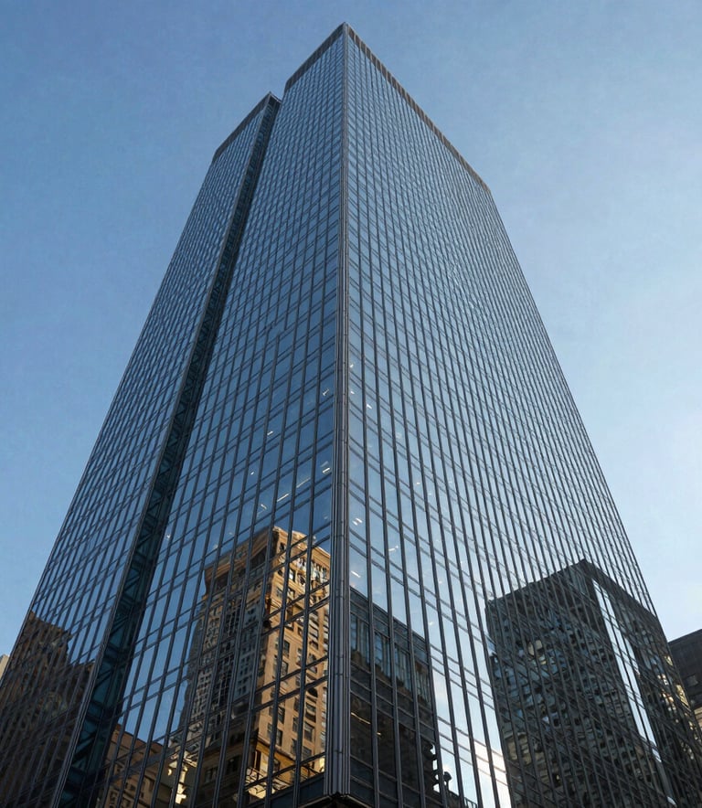 A low-angle shot of a glass skyscraper in a major North American city like New York, reflecting a clear blue sky, symbolizing corporate strength and authority, professional lighting, sharp focus.