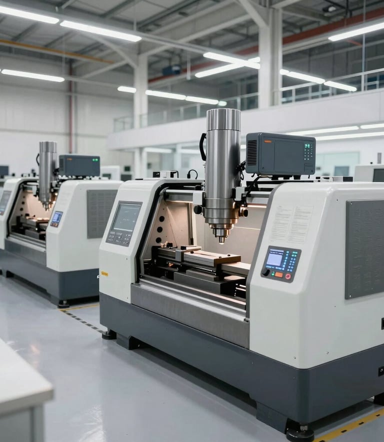 Interior of a high-tech machining facility in Brazil, featuring organized workstations and large precision lathes, clean floors, bright and modern industrial architecture with slate and white accents.