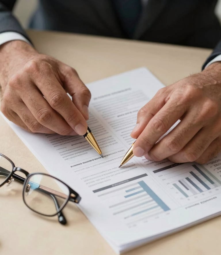 A sophisticated close-up photograph of an investor's hands reviewing project financial reports on a parchment-colored surface in a North American setting. A gold pen and a pair of professional glasses sit on the side. The scene conveys reliability and meticulous planning.