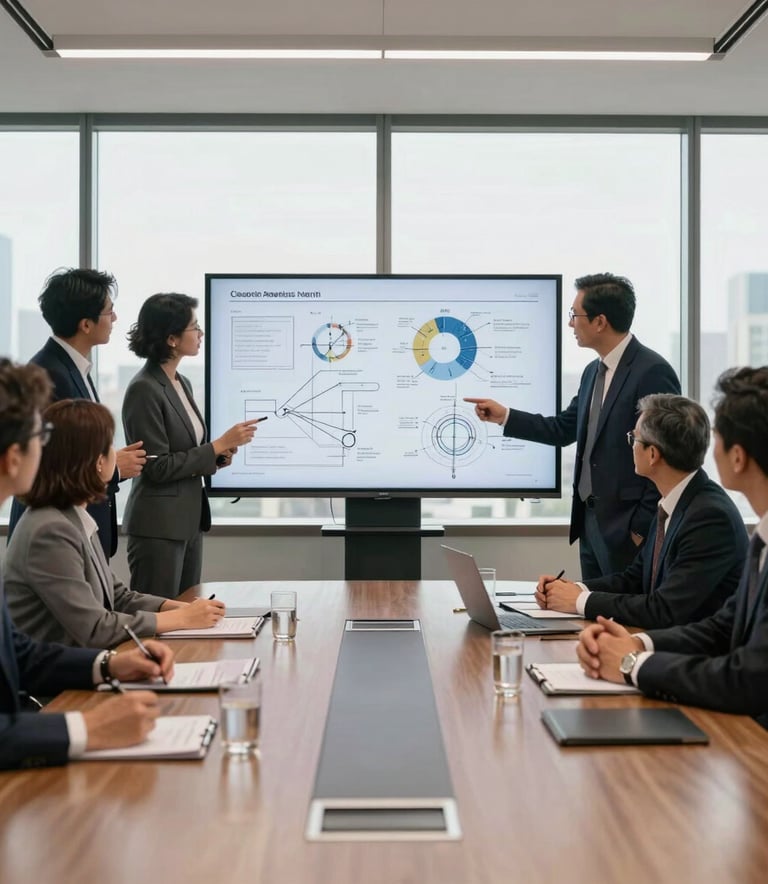 A wide-angle professional photograph of a sun-drenched North American board room. A team of consultants in formal attire is reviewing complex project diagrams on a screen. The atmosphere is professional, approachable, and highly sophisticated.