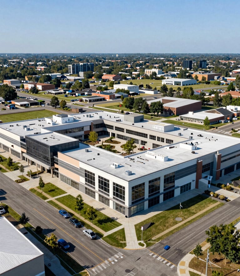 A clean, high-resolution aerial photograph of a newly developed commercial shopping center or office park in a North American / US suburb during a clear day. The architecture is modern and prominent, representing a successful investment.