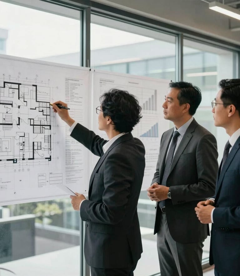 A professional North American / US business scene. Two experts in business attire stand before a large glass wall covered in architectural project blueprints and financial projections. Natural lighting, showing a collaborative planning session.