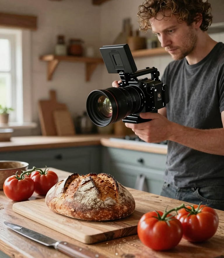 A creative content creator filming a scene in a rustic Northern European / Scandinavian farm kitchen, using professional equipment to capture the textures of artisanal bread and fresh deep ripe crimson tomatoes.