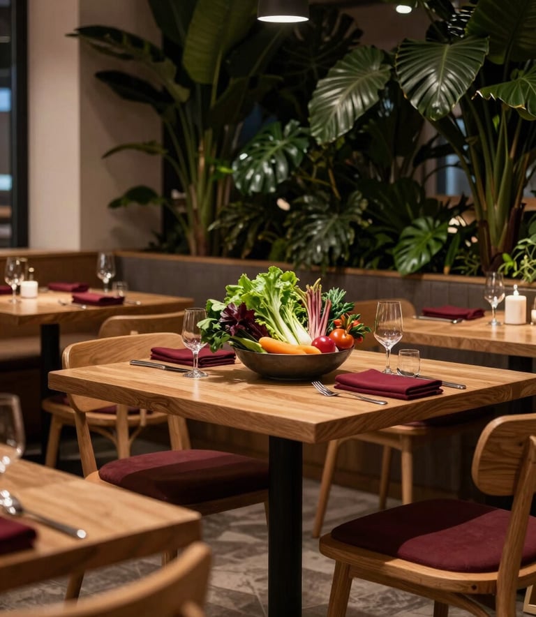 Photography of a cozy, high-end Northern European / Scandinavian restaurant interior during the evening. Warm ambient lighting, minimalist wooden furniture, and a centerpiece of fresh ingredients. The atmosphere is sophisticated and inviting. Colors: Deep ripe crimson napkins and matte forest green foliage in the background.