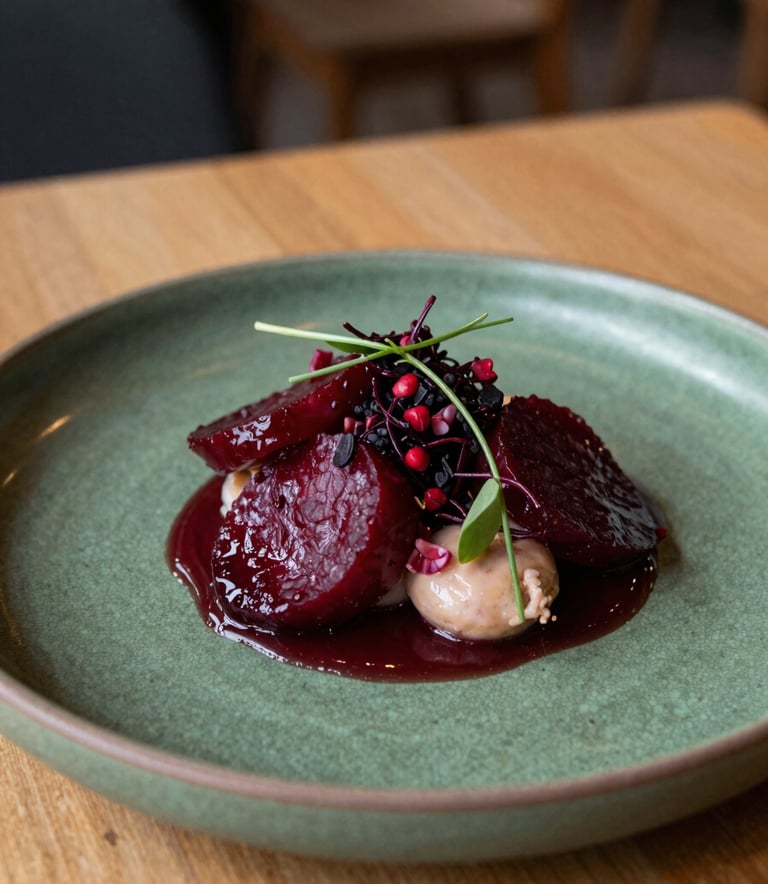 A close-up photograph of a beautifully plated artisanal dish in a cozy Northern European / Scandinavian restaurant, featuring vibrant deep ripe crimson ingredients on a matte forest green ceramic plate under warm, natural lighting.
