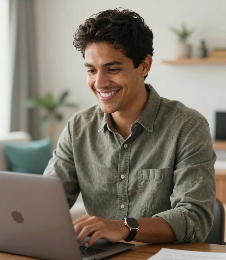 Photography of a confident South American professional in business casual attire smiling while looking at a laptop in a bright, modern Brazilian home office. Warm natural lighting, composition focused on the subject's face, with soft blurred background showing hints of teal and light grey decor.