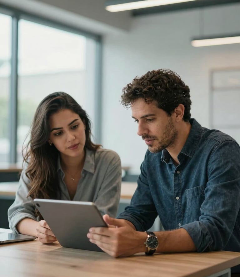 Professional candid shot of a mentoring session in a modern Brazilian coworking space. A mentor and a candidate are engaged in conversation over a tablet. Background includes large windows and architectural elements in light blue and white tones. Clean and professional South American setting.