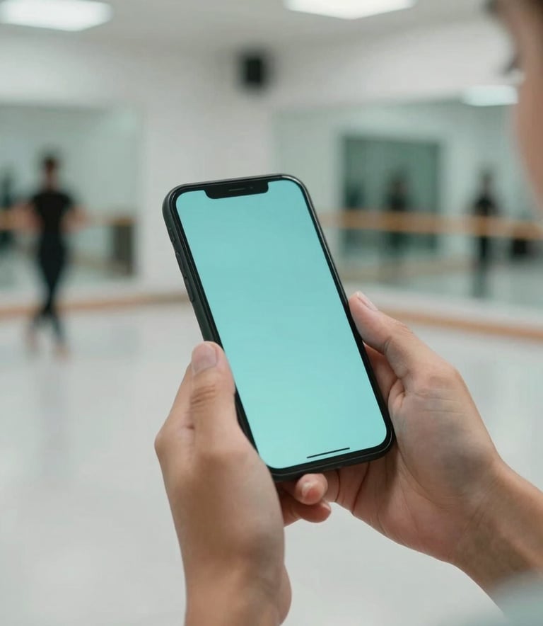 A close-up of a person's hands holding a smartphone in a modern Spanish / Latin American dance studio. The background is softly blurred showing a clean dance floor and mirrors, with a palette of Soft Aqua and Pale Mist.