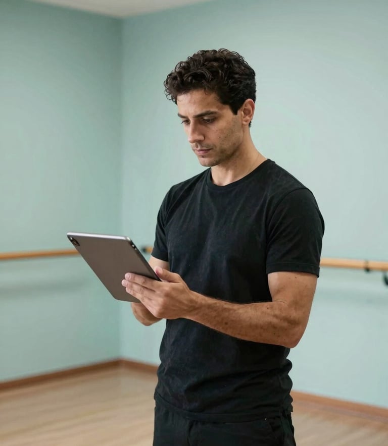 A professional dance academy owner in a Spanish / Latin American studio looking confidently at a tablet device. The environment is elegant and modern with Muted Teal accents and bright Pale Mist walls.