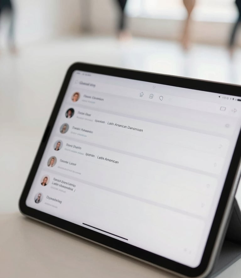 Close-up of a tablet screen displaying a modern, intuitive management app in a Spanish / Latin American dance studio environment, natural bright lighting, Cool Off-white tones.