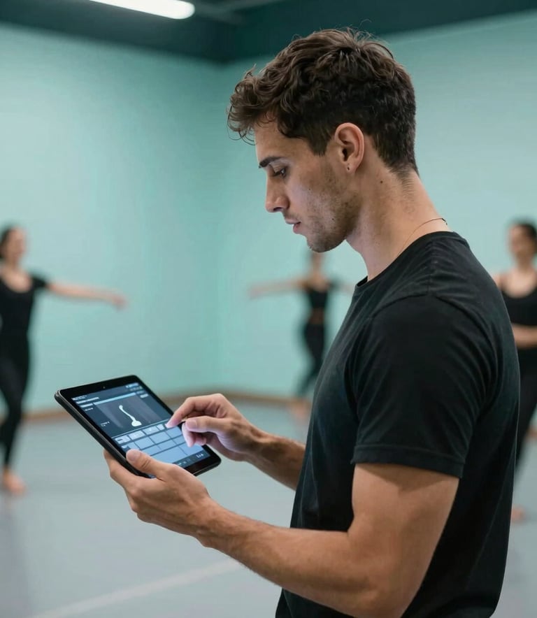 A focused professional dance instructor in a Spanish / Latin American academy looking at a performance dashboard on a tablet, modern minimalist studio background with Deep Teal and Soft Aqua decor.