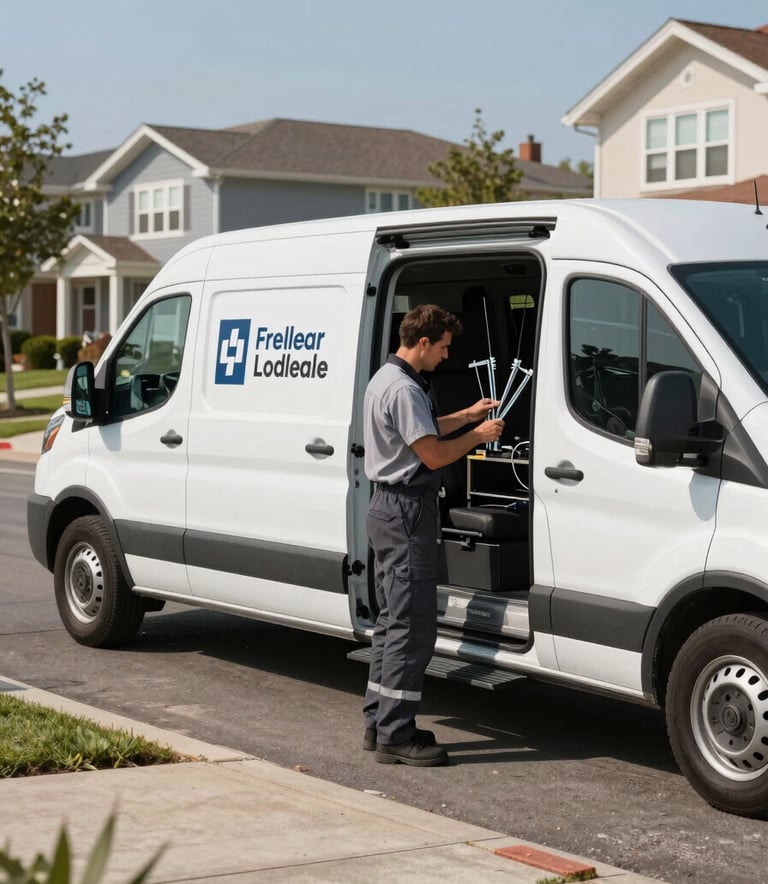 A side-profile shot of a sleek, modern white service van branded with professional graphics, parked on a residential North American suburban street. A technician in a neat uniform is professionally organizing high-grade glass tools in the back. Bright, crisp morning light.