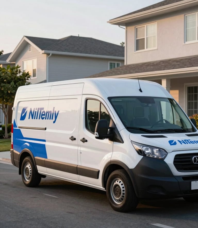 A sleek, branded mobile service van parked on a modern North American residential street. The vehicle is clean and white with medium blue accents, parked under the soft lighting of an afternoon sun, symbolizing reliability and fast, mobile response.