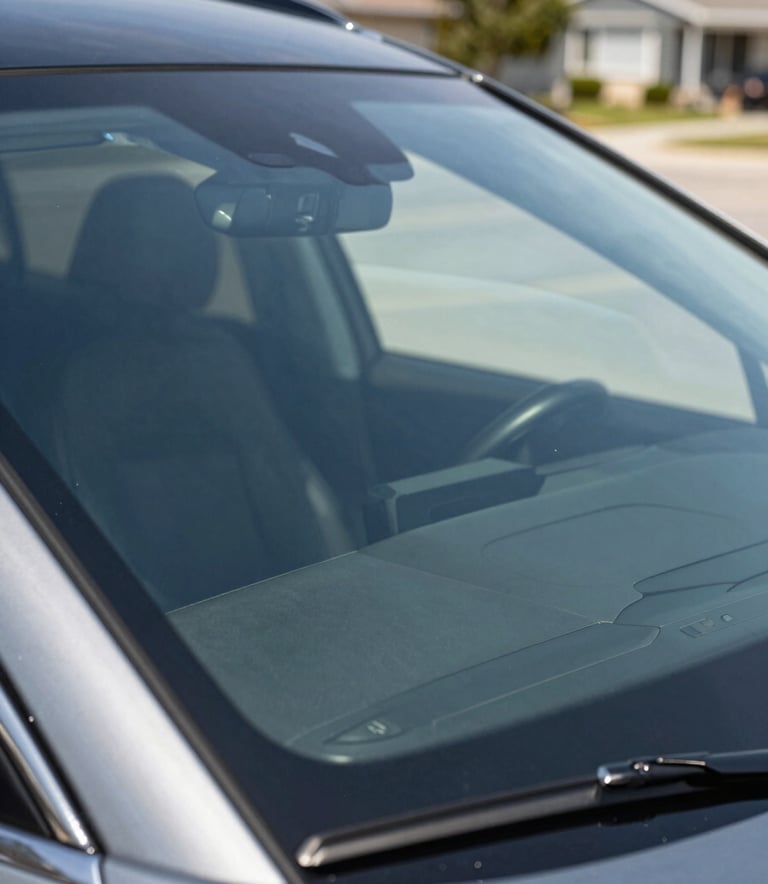 A close-up high-resolution photograph of a pristine, crystal-clear windshield on a modern luxury SUV, reflecting a clean North American suburban environment under bright, clear daylight. The focus is on the precision and clarity of the glass, highlighting its smooth surface and high-tech quality.