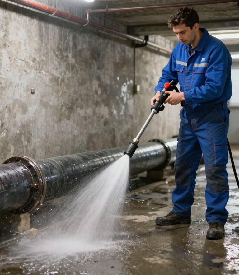 A professional technician using a high-pressure water jetting unit to clean a large drainage pipe in a Central European basement, focus on the equipment and water spray, bright and efficient atmosphere with blue workwear colors.