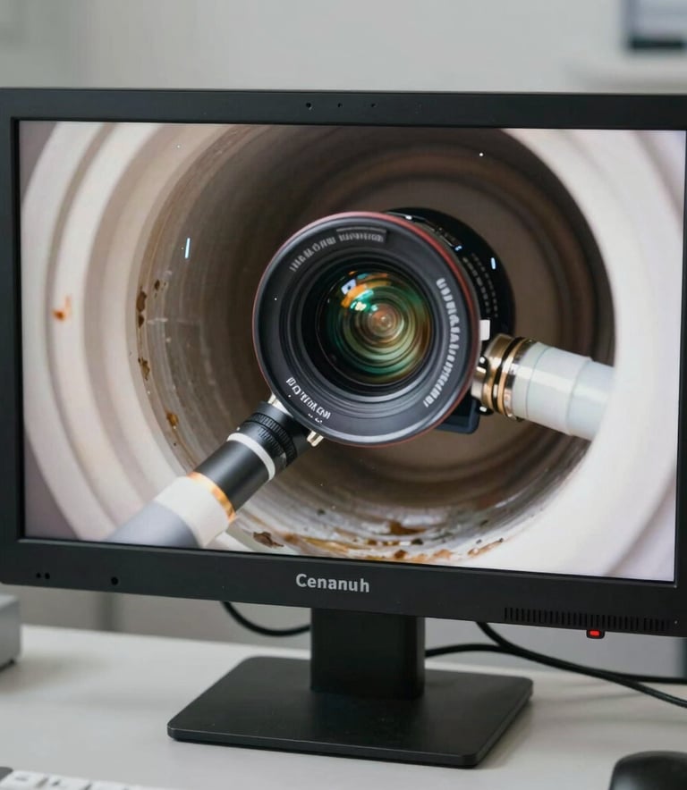 A high-resolution monitor showing a clear endoscope camera view inside a clean domestic sewage pipe, professional plumbing diagnostic equipment, Central European / German interior.