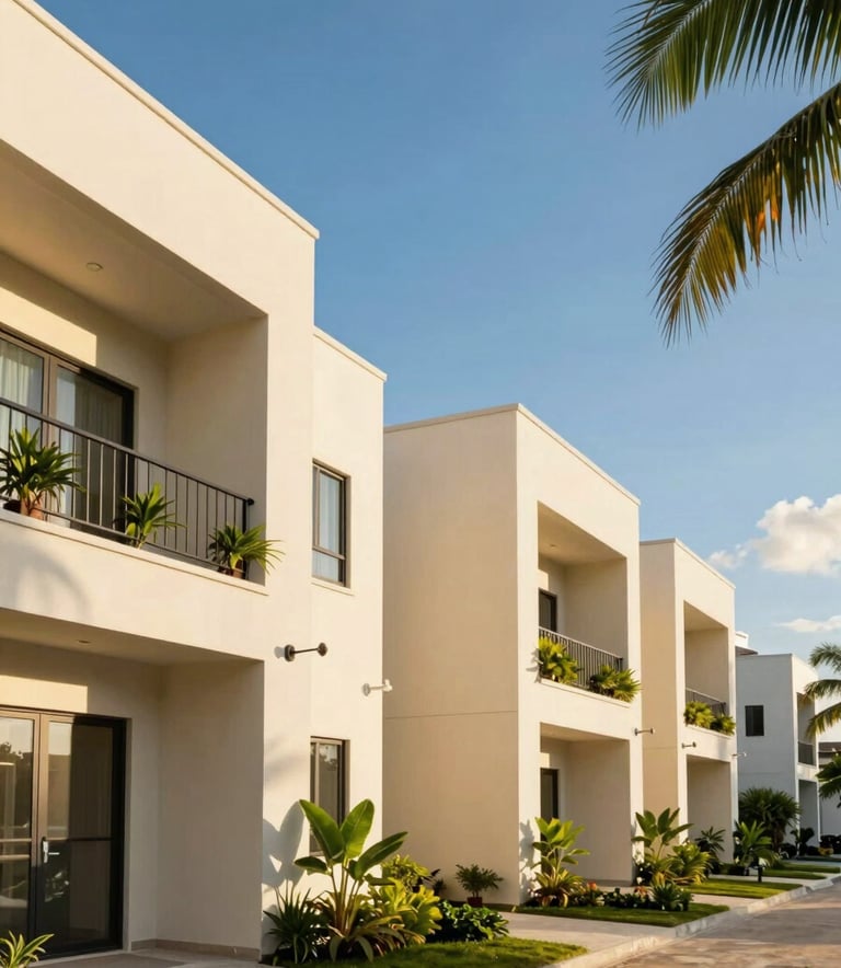 A low-angle, professional architectural photograph of a modern housing development in a Caribbean / Jamaican suburban setting. The building features clean lines and warm cream ivory walls, accented by vibrant moss green landscaping. The sky is a bright, clear blue with golden tropical sunlight.