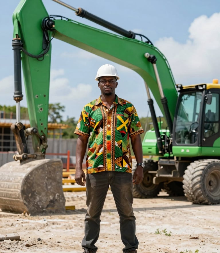 A focused shot of a professional construction manager in Caribbean / Jamaican attire standing on a project site with a bright, sunny sky and leaf green construction machinery.