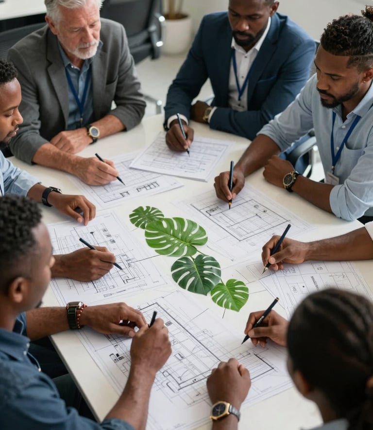A high-angle photograph of a collaborative construction planning meeting in a professional Caribbean / Jamaican office setting, with blueprints laid out on a table with leaf green accents.