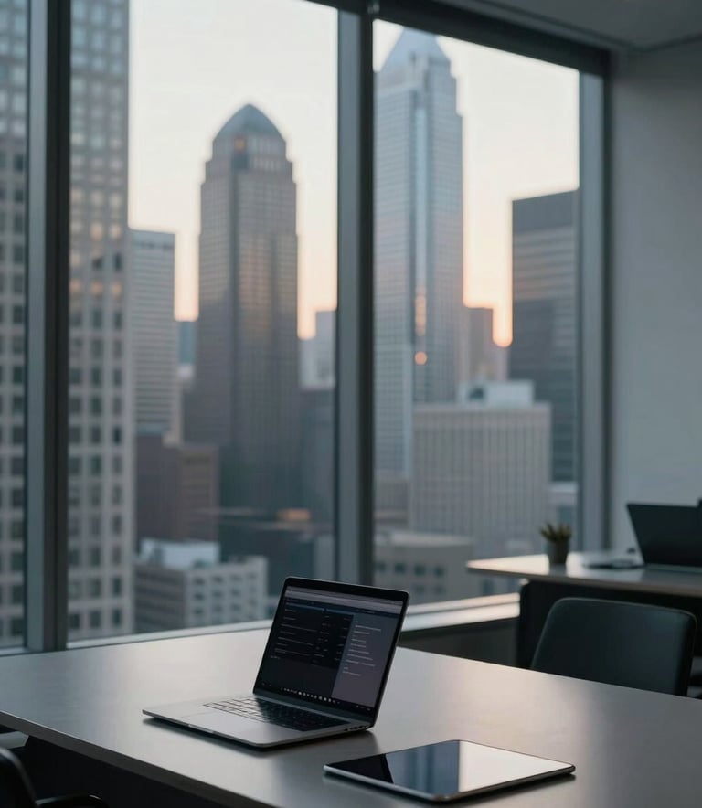 A professional North American office with floor-to-ceiling windows overlooking a metropolitan financial district. The scene features a minimalist workspace with a laptop and digital tablets. Soft natural morning light, dark navy and cool gray tones.