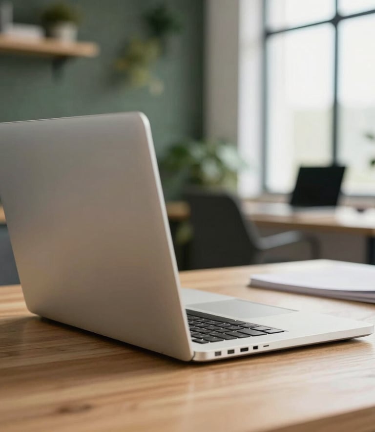 Close-up of a high-end laptop on a wooden desk in a bright North American creative studio. The background features a blurred living green wall and professional office setting. The natural light emphasizes a sophisticated and impactful mood, with steel gray and off-white colors.