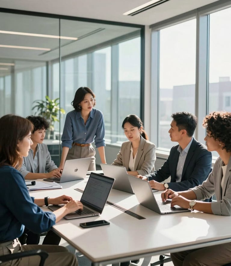 A professional North American office interior with large glass windows and bright sunlight. A diverse team in business casual attire is collaborating around a sleek conference table with laptops, in an atmosphere of trust and expertise. Accents of bright blue and off-white are present in the decor.