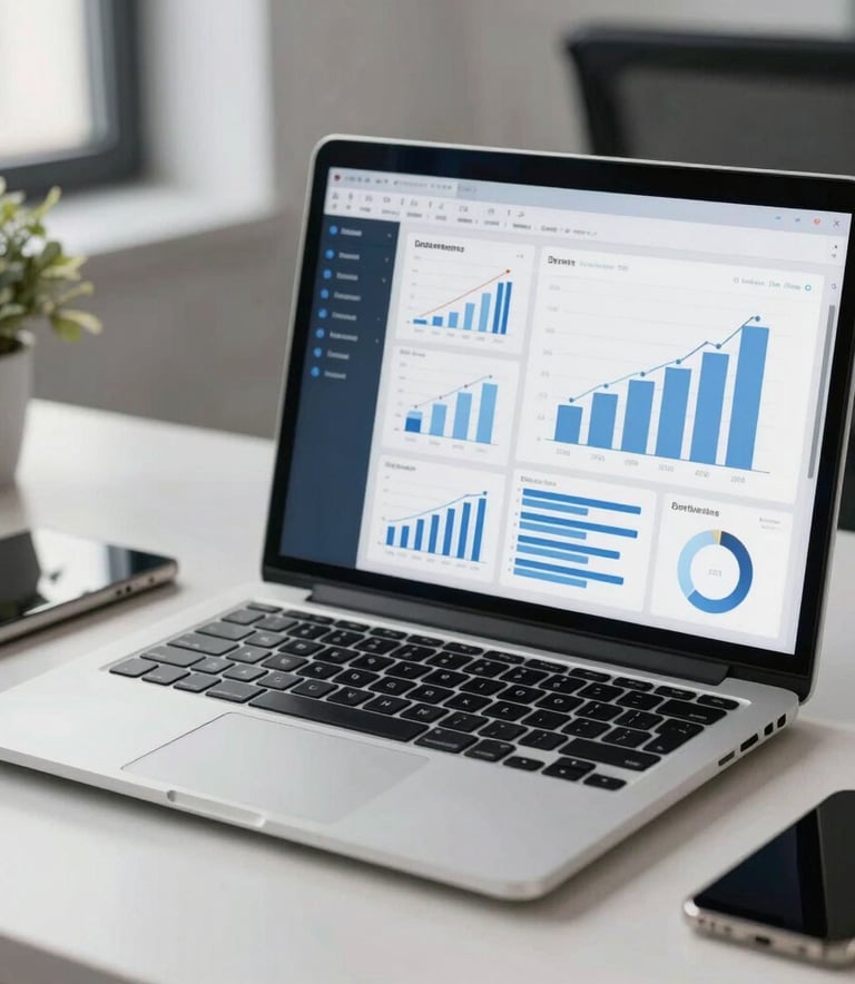 A high-end laptop on a clean desk in a North American office, displaying colorful digital marketing analytics and growth charts in soft blue and grey tones.