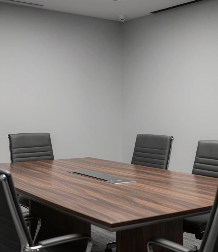 Interior shot of a modern, empty conference room with a large dark wood table and ergonomic chairs, soft gray walls, high-end North American corporate interior design.