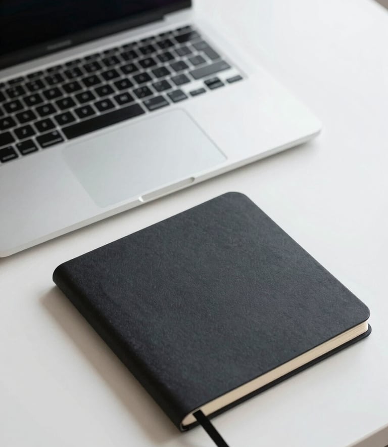 Close-up of a professional desk with a high-end laptop and a minimalist black notebook, muted color palette of light gray and dark charcoal, North American business setting, bright natural light.