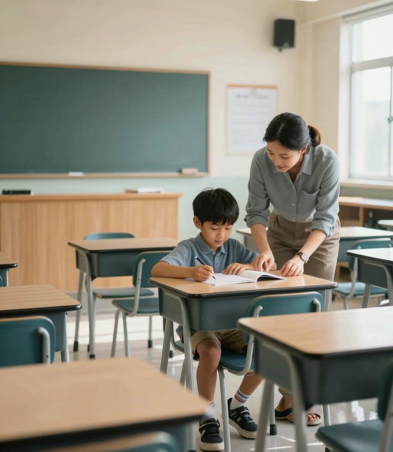 A wide shot of a modern, sunlit classroom in a North American / US school, showing accessible desks and a teacher helping a student. The composition uses the rule of thirds with a soft focus on the background. Colors include muted teal and light cream, projecting a warm and inviting atmosphere.