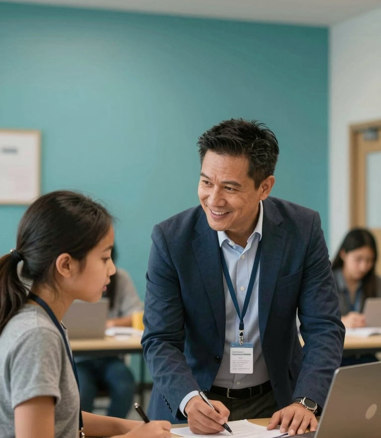A medium shot of a professional mentor and a student in a North American resource center, smiling while reviewing educational goals. The background features a teal wall with clean, professional lines and warm indoor lighting.