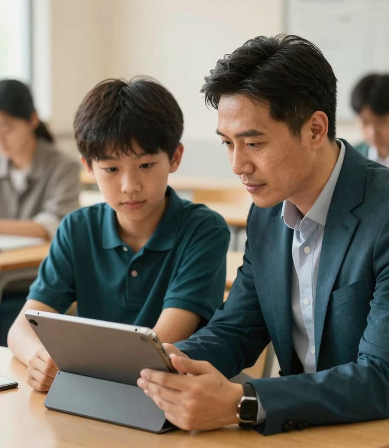 A medium shot of a compassionate instructor and a student in a professional North American / US university setting, both looking at an assistive tablet device. The lighting is warm and bright, with a color palette of warm sand and dark teal. The atmosphere is encouraging and supportive.