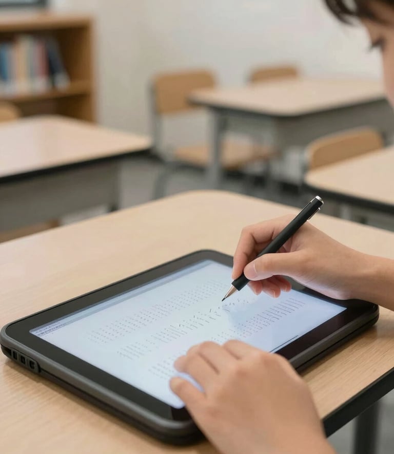 A close-up, high-angle shot of a student's hands using a specialized braille interface and assistive tablet in a modern North American study hall. The background is a soft focus of bookshelves and off-white walls, creating a focused and resourceful mood.