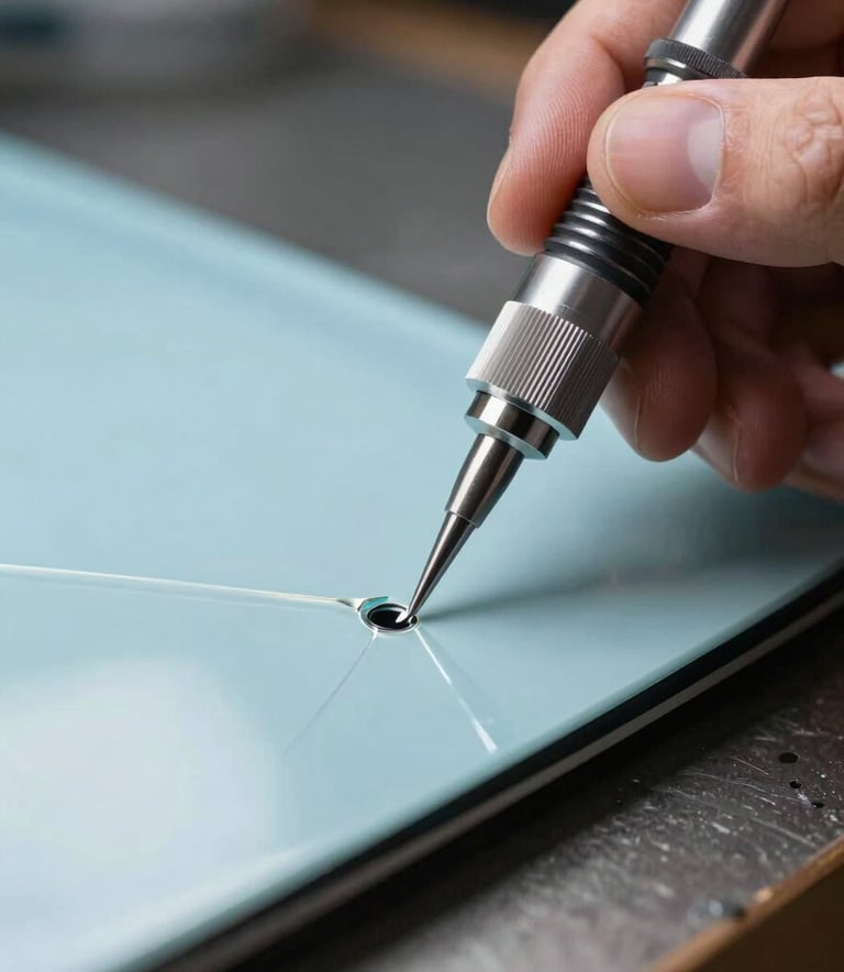 Close-up macro photography of a precision glass repair tool being used on a windshield chip by a professional technician in a North American / US workshop, sharp focus, efficient and modern technique, professional studio lighting, light blue and silver palette.