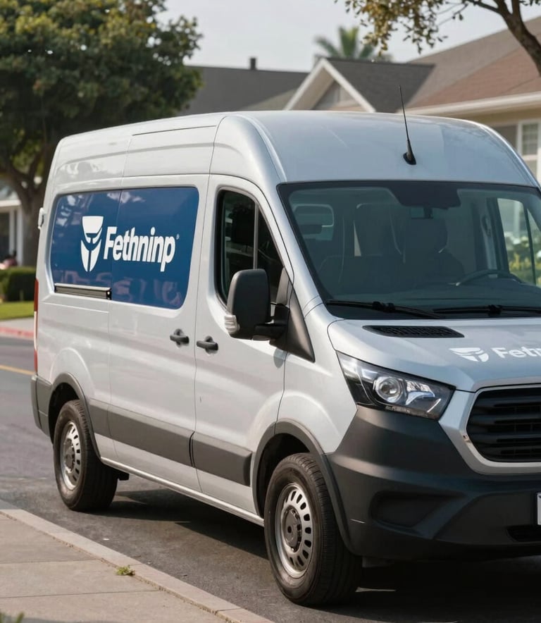 A professional service van with corporate branding parked on a clean suburban North American / US street, bright morning light, emphasizing reliability and mobile convenience, slate blue and light grey colors.