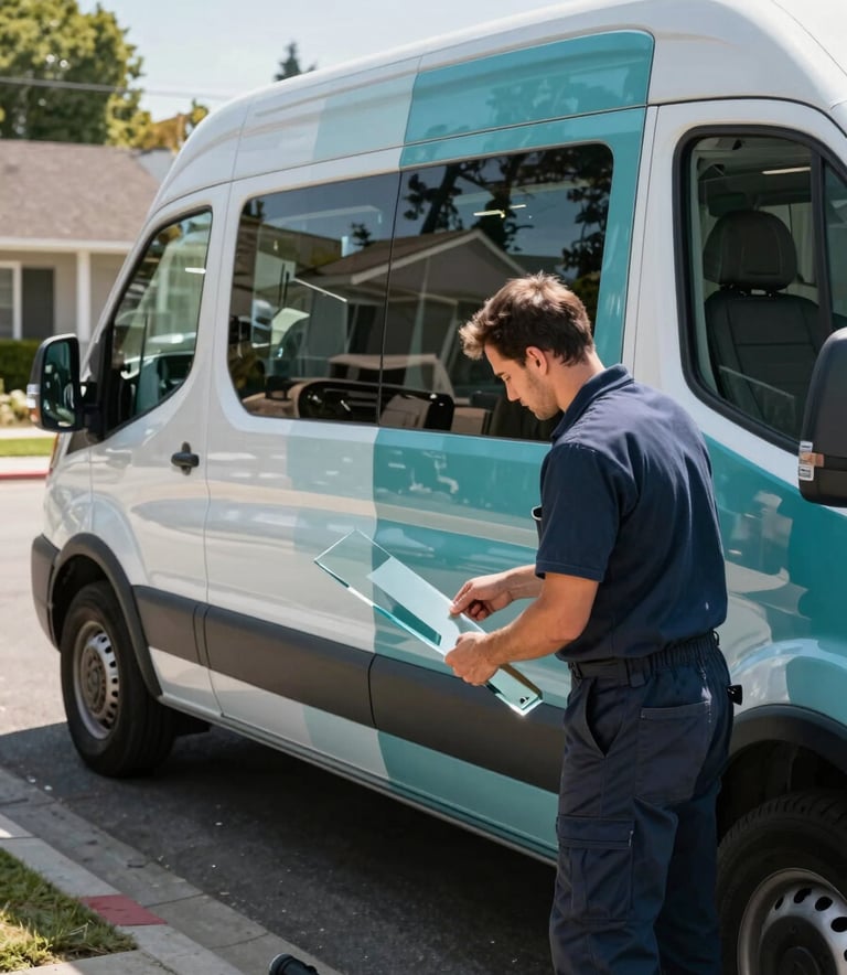 A professional service van branded with subtle deep teal accents, parked on a North American / US residential street. A clean-cut technician is organizing high-quality glass repair tools in the back of the van under bright, natural daylight, reflecting a modern and efficient service atmosphere.