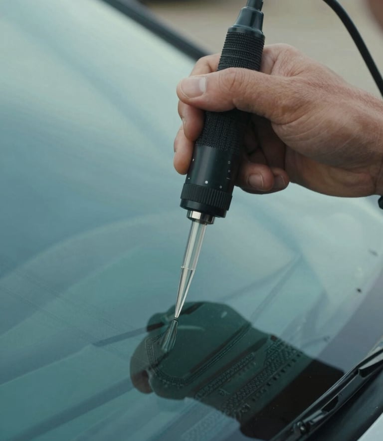 A close-up photograph of a steady hand using a precision glass injection tool on a car windshield. The lighting is crisp and clear, highlighting the craftsmanship. The setting is a North American / US outdoor environment. Colors feature light blue and deep teal tones.
