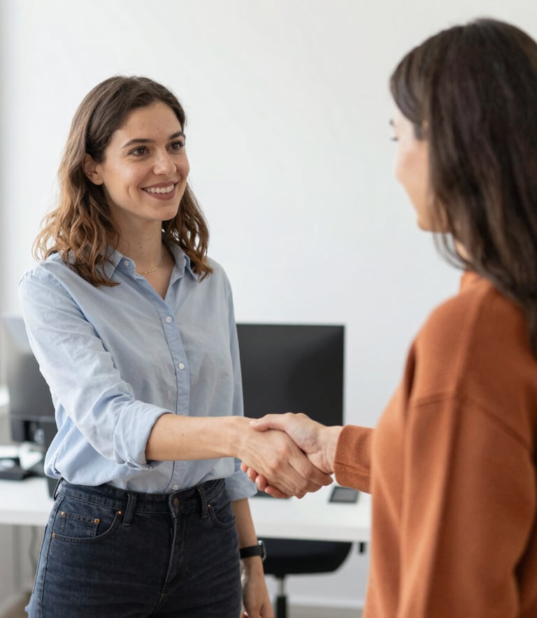 Professional business handshake between diverse colleagues in a modern office hallway.