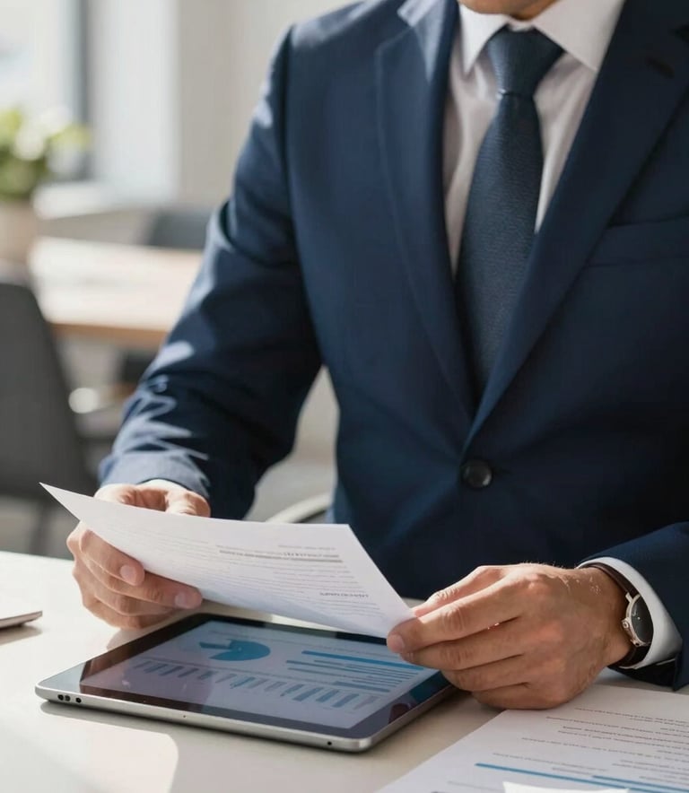 A close-up of a professional in a formal navy blue suit reviewing financial documents on a sleek digital tablet in a sunlit modern office in Madrid, professional lighting, clean composition, European atmosphere.