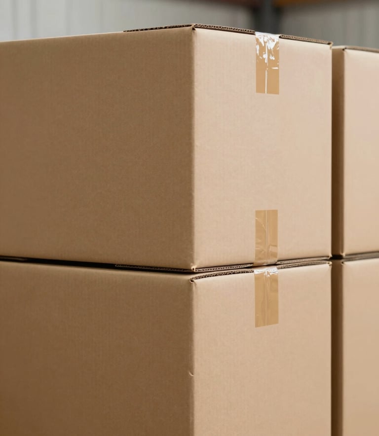 A close-up shot of heavy-duty, corrugated industrial shipping boxes stacked neatly in a clean warehouse. The lighting is bright and professional, highlighting the structural integrity and thick walls of the cardboard. The color palette includes #6B4D3C brown and #A08D7D beige, conveying a sense of reliability.