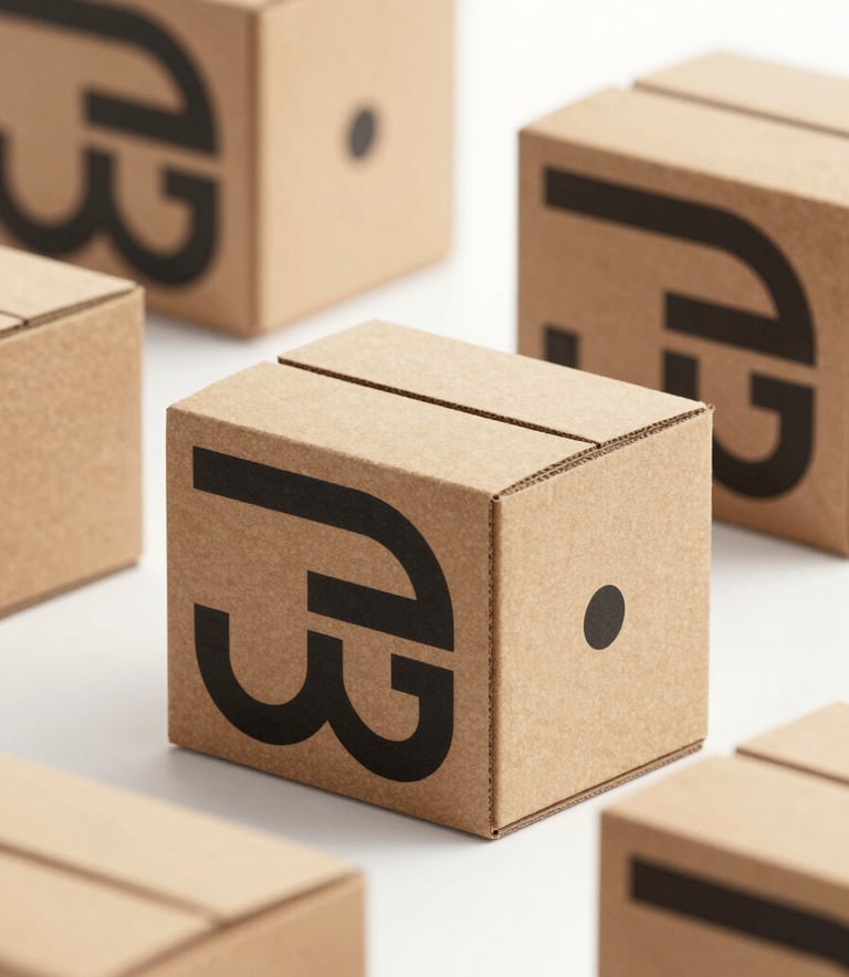A set of custom-printed carton boxes featuring crisp black logos on natural brown cardboard. The boxes are displayed in a clean, professional studio setting with soft lighting, emphasizing brand quality and modern retail aesthetics. Brand colors #2C2C2B and #6B4D3C are prominently featured.
