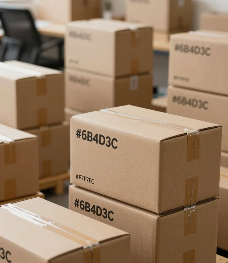 A wide-angle view of a modern shipping department with neatly organized stacks of branded e-commerce mailer boxes. Soft daylight highlights the textures of the brown cardboard and the clean black printing. Colors: #6B4D3C, #F7F7F7, and #2C2C2B.
