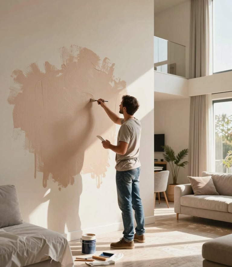 A professional painter working in a large, modern South American living room with high ceilings. The painter is applying a soft sand-colored paint to a wide wall. The room is filled with warm sunlight, clean furniture covered in protective cloth, and a friendly, professional mood.