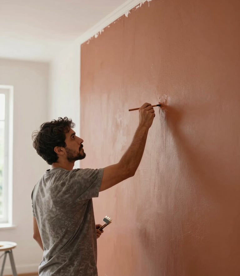 Detailed photography of a professional painter finishing a terracotta-colored accent wall in a spacious and bright South American suite. The lighting is soft and natural, highlighting the smooth texture of the paint and the clean lines at the ceiling edge. High-end, airy atmosphere.