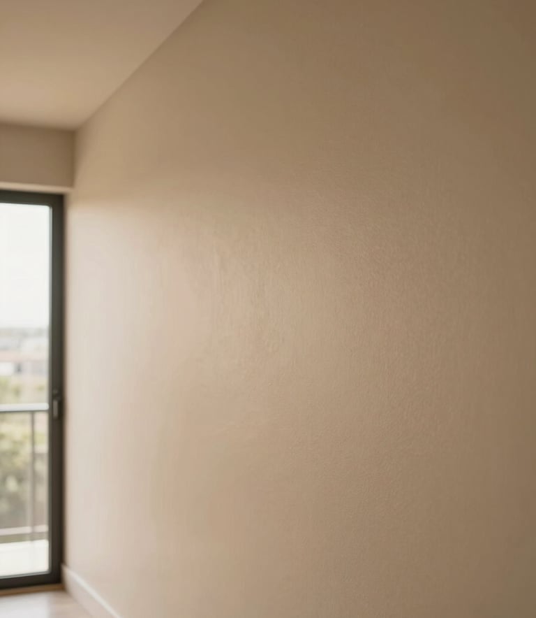 A close-up photograph of a perfectly painted interior wall with a smooth matte texture in a soft sand color. The lighting is warm and natural, coming from a large window. Professional finish, South American / Brazilian modern apartment style.